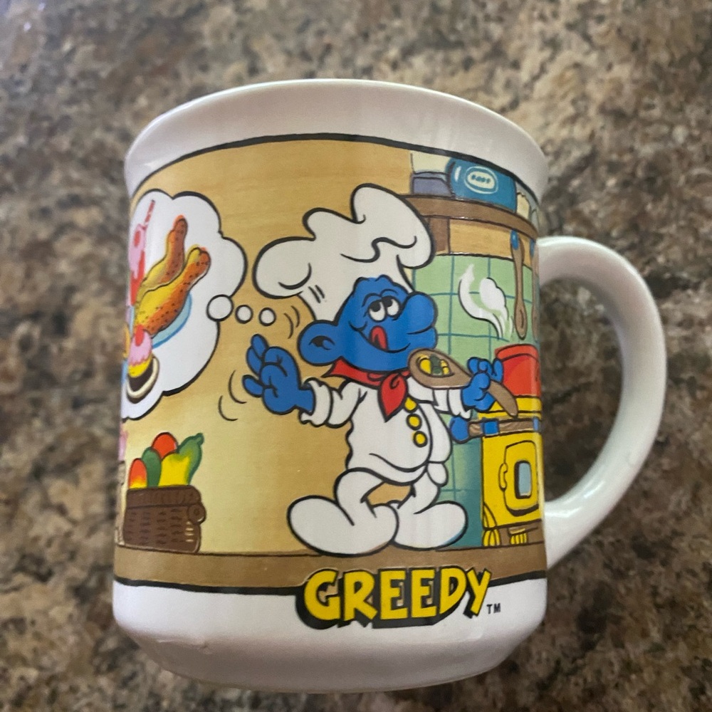 Vintage 1982 Ceramic Smurf “Greedy” Mug #1600